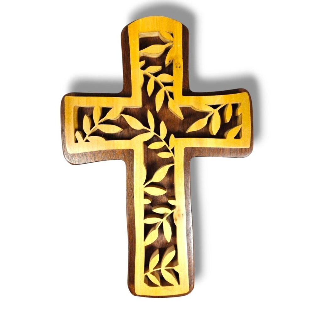 Handcrafted Wooden Wall Cross Intricate Leaf Design 11" Handmade by John Shaw